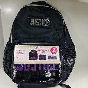 Justice reversible Sequin Backpack and Lunch Tote 2-Piece Black Purple Silver